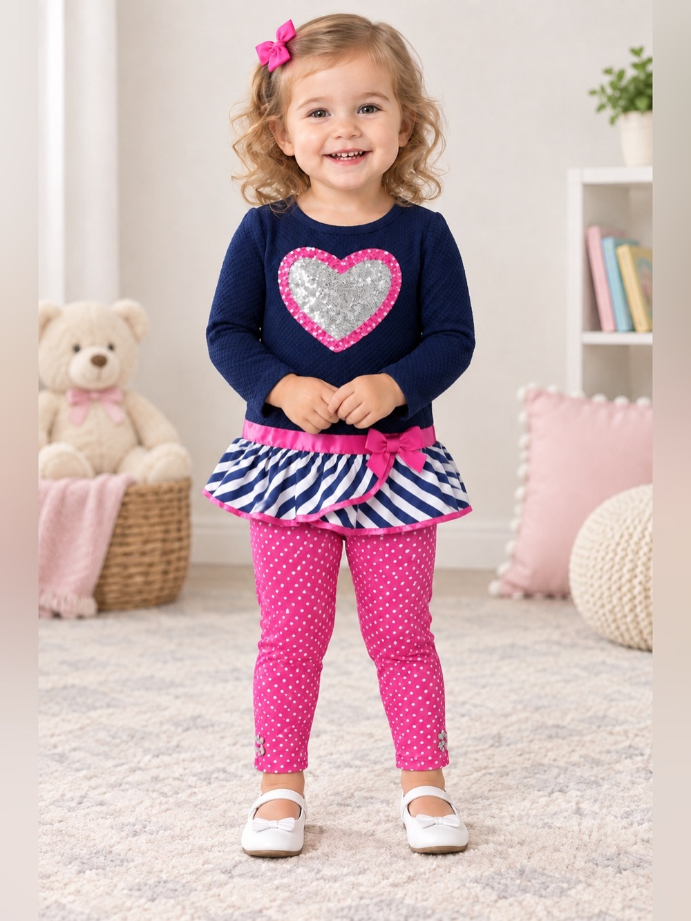 Nannette Blue Sequin Heart Top & Pink Leggings Set